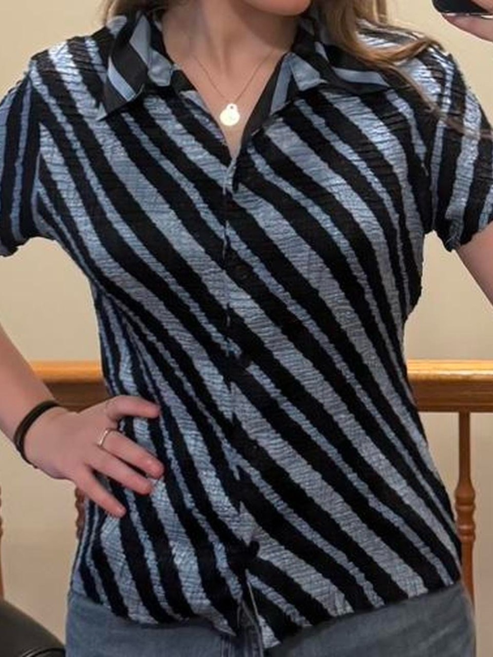 vintage smocked textured blue and navy diagonal striped button down
